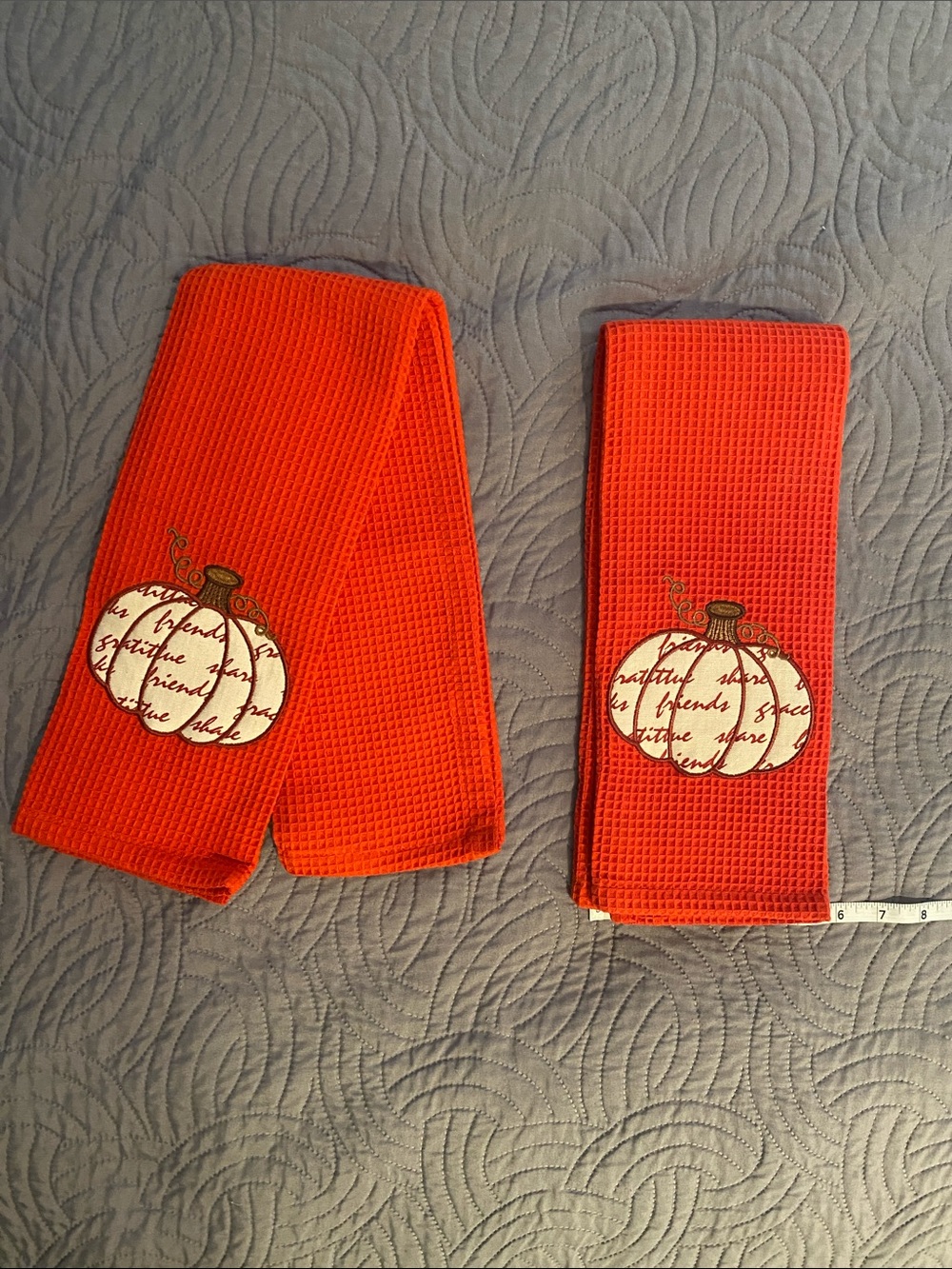 Bright Orange Waffle Kitchen Towels with Pumpkin Appliqué - Set of 2